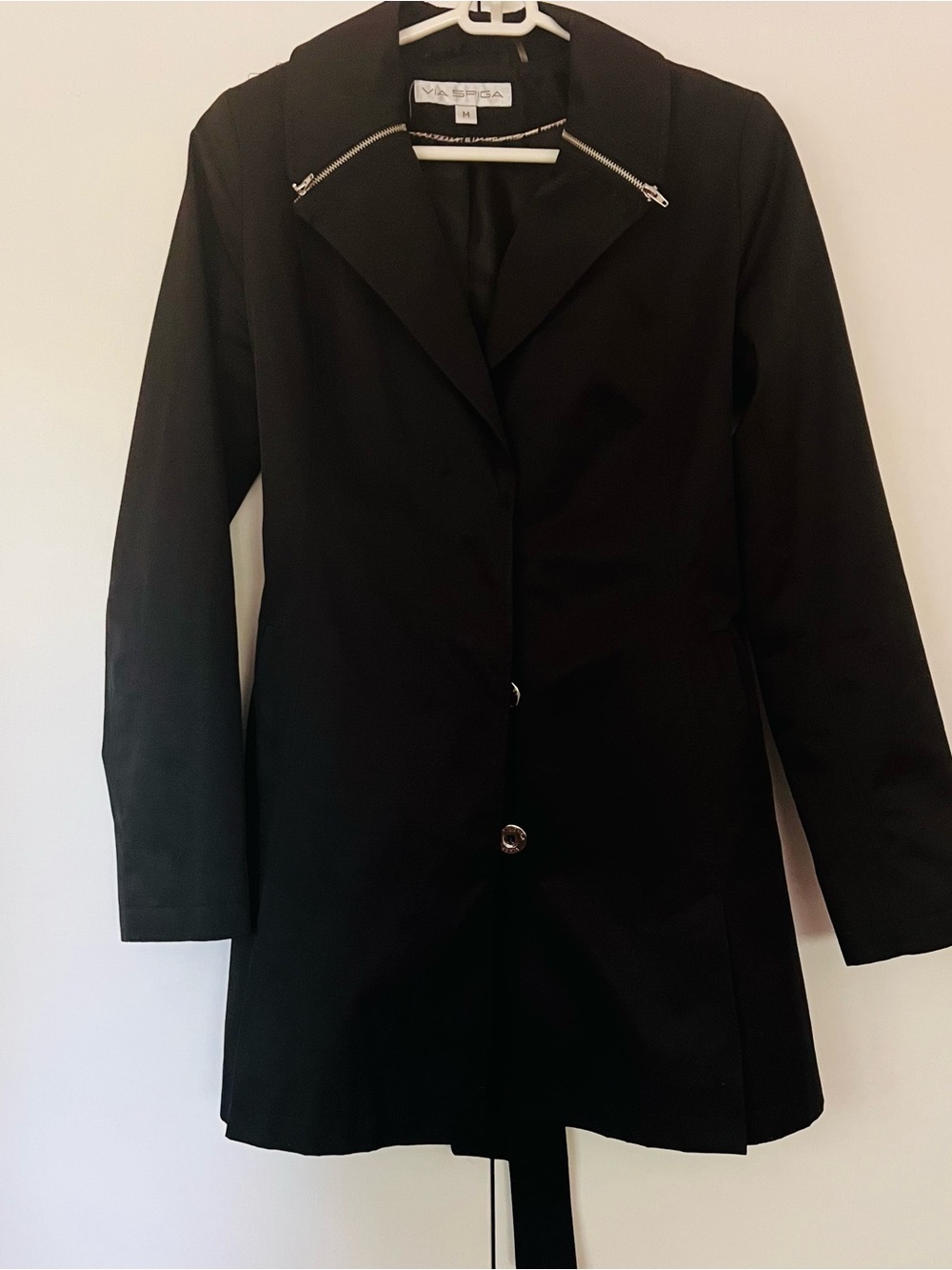 Via Spiga Black Trench Coat women M belted classic lined Zip-trim Collar